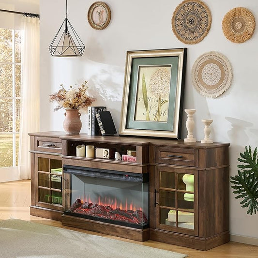 ROCKPOINT 3 Sided Glass 80" Fireplace TV Stand for TVs up to 90",Entertainment Center with Drawers and Glass Door Storage Cabinet for Living Room,36"Electric Fireplace & Adjustable LED Light ,Espresso