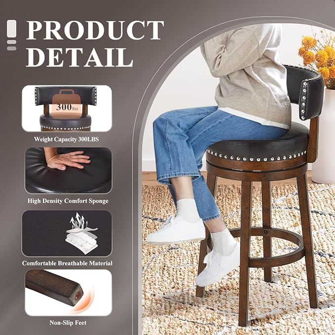 COLAMY Swivel Bar Stool, Swivel Bar Height Bar Stool, Modern Swivel Barstool with Back, Upholstered Wood Barstool for Kitchen Island Dining Room Bar, Dark Brown, FM-4840-30-DarkBrown-L