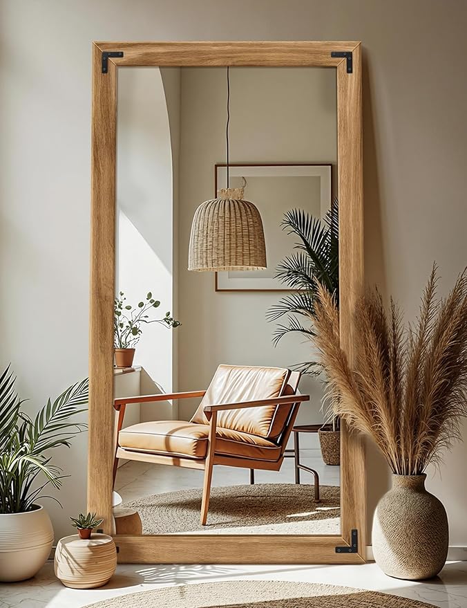 Full Length Mirror with Wooden Frame, 55"X30" Solid Wood Standing Floor Mirror for Farmhouse, Bathroom, Bedroom Decor, Hanging or Leaning Wall-Mounted