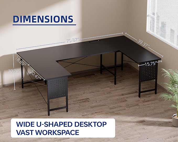 Pamray 71 Inch Large Computer Desk with Power Outlets,U Shaped Corner Desk for Home Office Work and Gaming Pink