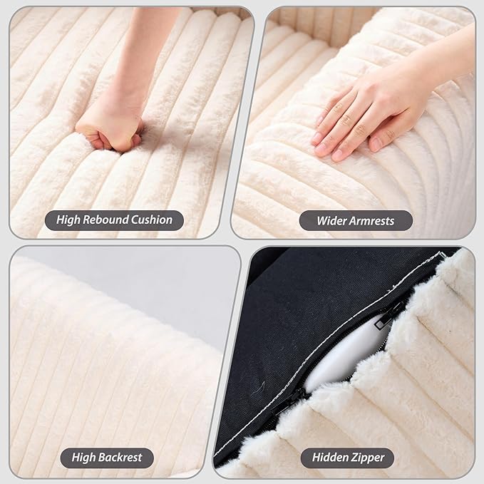 Giant Bean Bag Chair for Adults, Non-Slip Floor Sofa with High Backrest & Wider Armrest, Upgrade Whole Sponge Bean Bag Sofa Couch for Bedroom Living Room(Large,Beige,Stripe Plush)