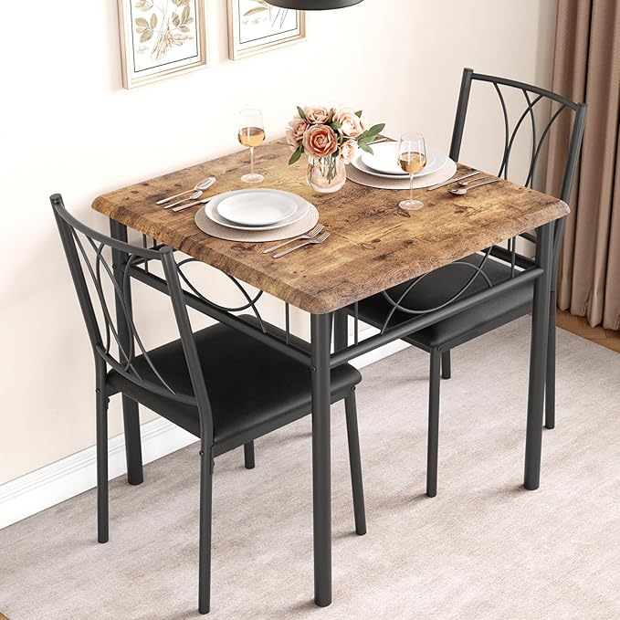 GarveeHome Small Dining Table Set for 2, Square Table and Chairs Set of 2, 3 Piece Kitchen Table Set of 2 with Upholstered Chairs, Dinner Table Set for 2 for Small Spaces, Apartment, Rustic Brown