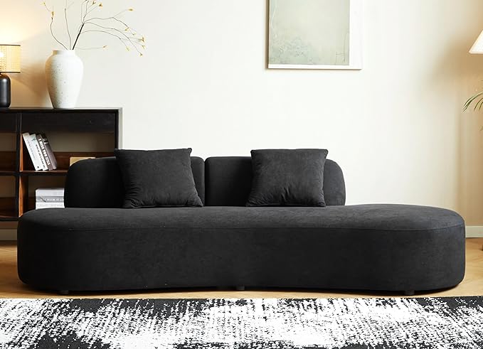 Container Furniture Direct 90" Curved Sofa with Throw Pillows, 4 Seater Luxury Velvet Couch with Half Moon Design and High-Density Foam, Ideal for Modern Living Room, Office & Apartment, Black