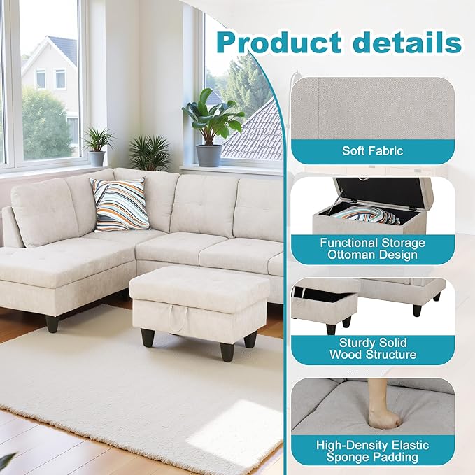 L Shaped Couch Modern Sectional Couch Upholstered Fluffy Fabric 3 Pieces Sofas for Living Room with Chaise, Storage Ottoman for Office and Small Apartment, Light Grey