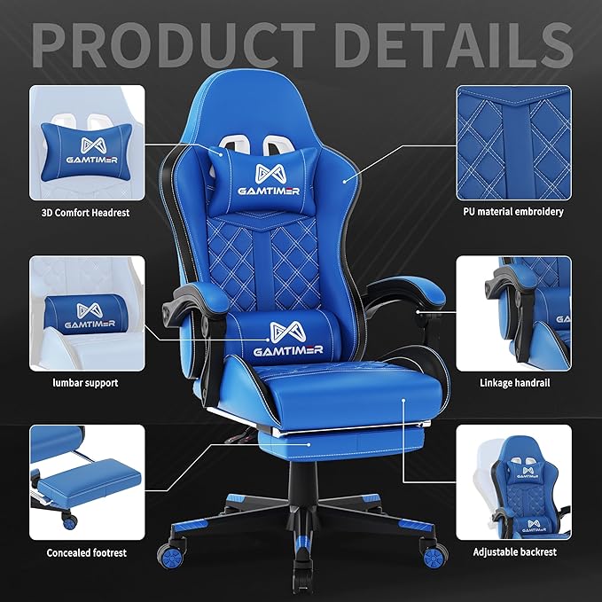 Gaming Chair, 400 lbs Adult Chair, High Back Computer Chair with Footrest and Linked Armrests, Office Video Game Chair with Lumbar Support (Blue)