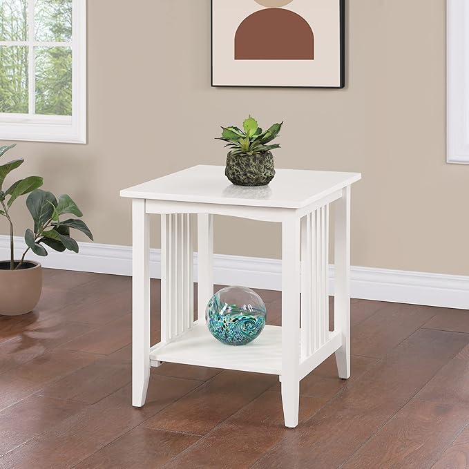 OSP Home Furnishings Sierra Side Table with Lower Storage Shelf and Mission Style Side Panels, White