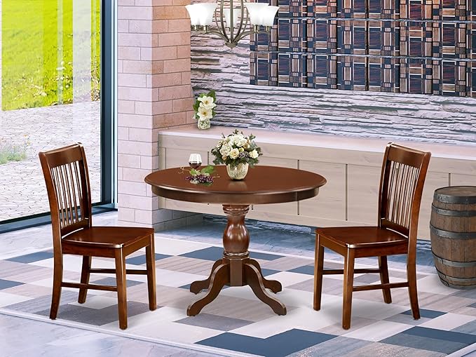 East West Furniture HBNF3-MAH-W 3 Piece Dining Set Contains a Round Dining Room Table with Pedestal and 2 Wood Seat Chairs, 42x42 Inch, Mahogany