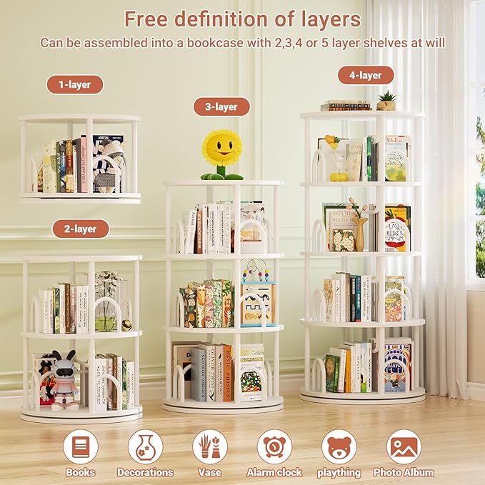Aheaplus 4 Tier Rotating Bookshelf Tower, 360 Display Spinning Bookcase, Revolving Round Book Shelf Narrow Swivel Bookshelf, Vertical Turning Spiral Corner Book Organizer for Small Space, White
