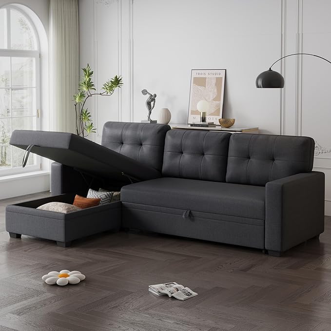 Ball & Cast Convertible Sectional Sleeper Sofa Bed L Shaped 4 in 1 Pull Out Couch with Reversible Storage Chaise & Removable Back Cushions,Sleeper Corner Pull Out Sofa Bed Couch for Living Room,Office