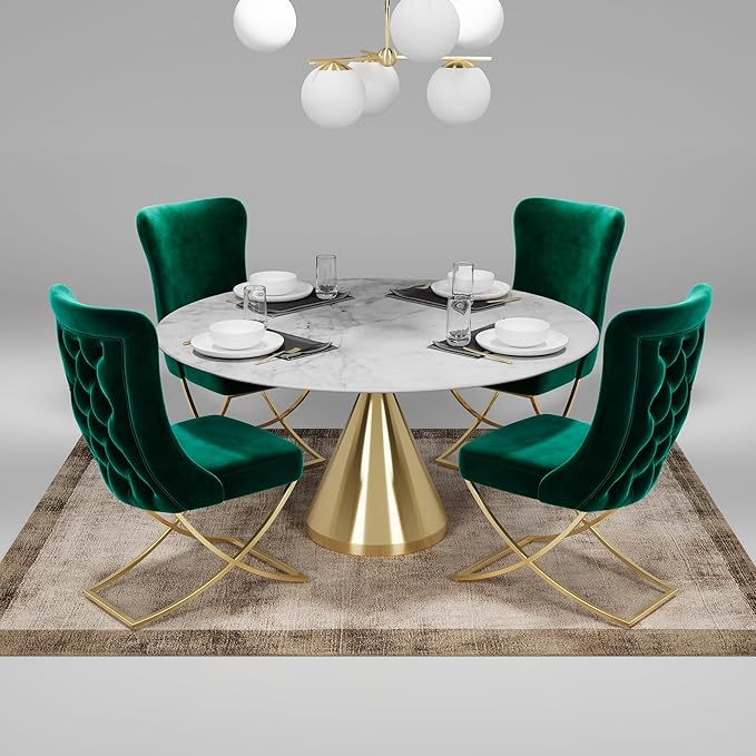 Ottomanson Royal Dining Chairs Set of 2 – Upholstered Tufted Microfiber, Assembled, Gold Metal Legs, Beech Wood Frame, 350 lb Capacity, Green