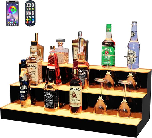 MESAlLUP LED Lighted Liquor Bottle Display Bar Shelves with Remote Control, 3 Tier 30 Inch Multi Color Lighting Bar Accessories for Home, Tavern, Party & Commercial Use
