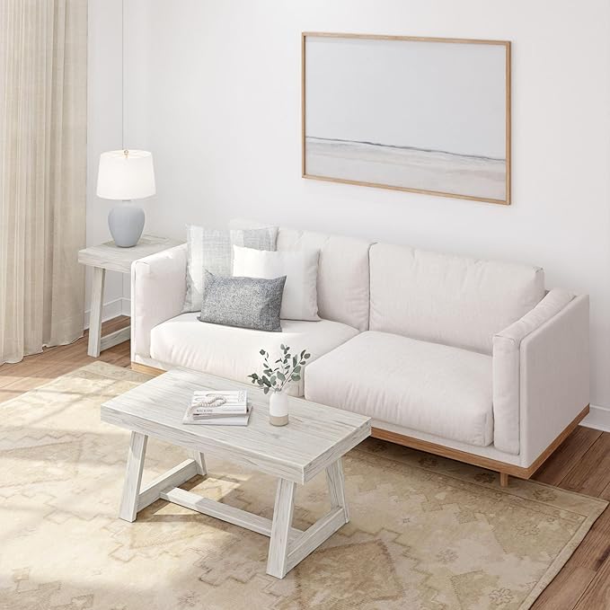 Plank+Beam Classic Rectangular Coffee Table, 40 Inch Farmhouse Coffee Table, Mini Center Tables for Small Spaces, Small Living Space Tea Table, White Sand Wirebrush