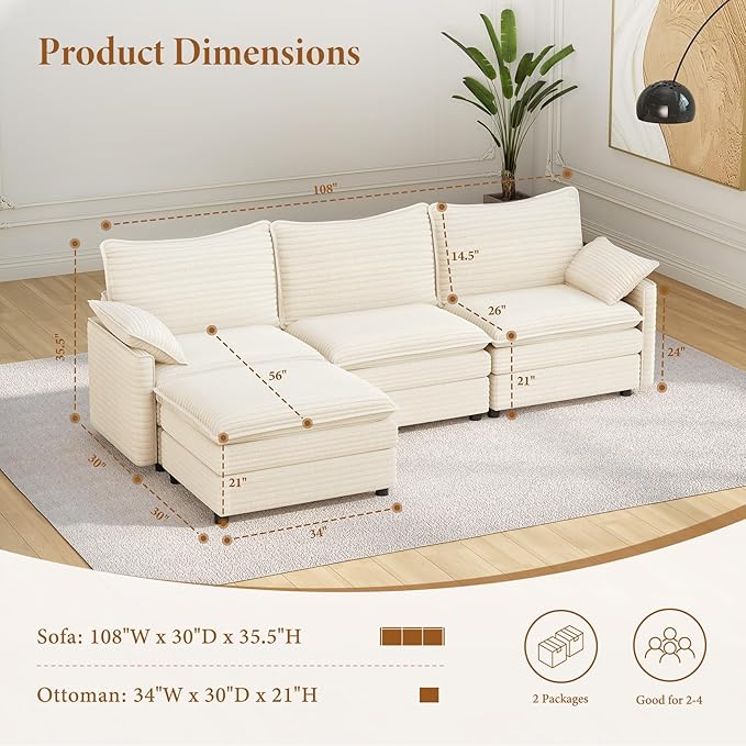 Vesgantti 108" Modular Sectional Sofa, Comfy Cloud Couch with Movable Ottoman Deep Seat Corduroy L Shaped Modular Sofa, Sectional Couches for Living Room, Bedroom and Apartment, Beige