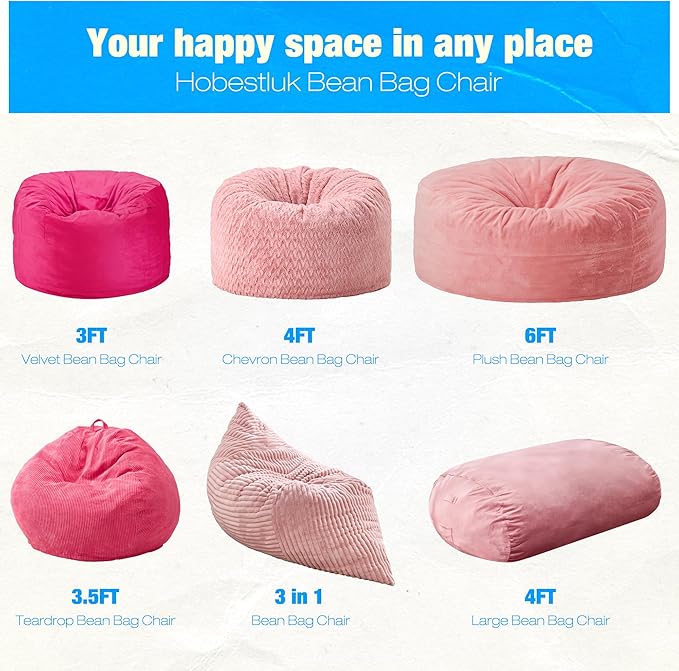 Hobestluk 4FT Bean Bag Chair Large Beanbag with Removable Cover Adult Bean Bag Chair with Portable Handle Desgin for Living Room Bedroom (Pink, 4FT)