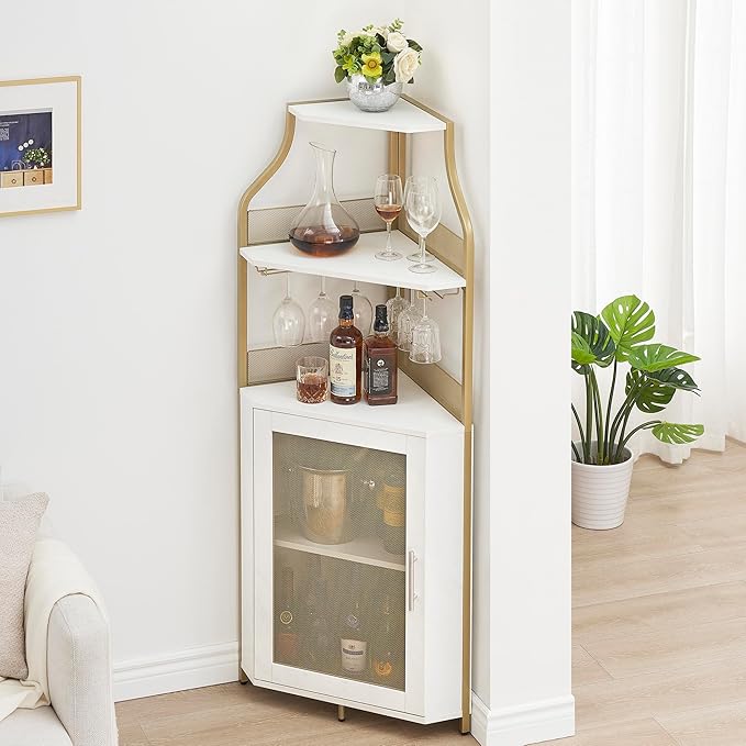 GarveeHome Corner Wine Cabinet with Detachable Wine Rack, 5-Tier Industrial Corner Bar Cabinet with Barn Door and Glass Holder, Farmhouse Buffet Cabinet and Home Bar, Gold