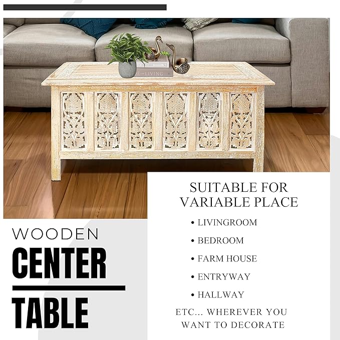 The Wooden Town Rectangular Coffee Table – 36x18 Inch White Wash Finish | Modern Wooden Center Table for Living Room | Vintage Look Side Table for Magazines, Books & Plants