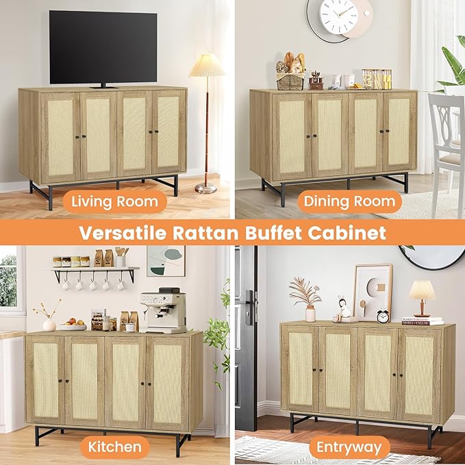 Sideboard Buffets Cabinet with 4 Rattan Doors, Large Storage Accent Cabinet Credenzas Modern Console Table for Living Room, Kitchen (Natural)