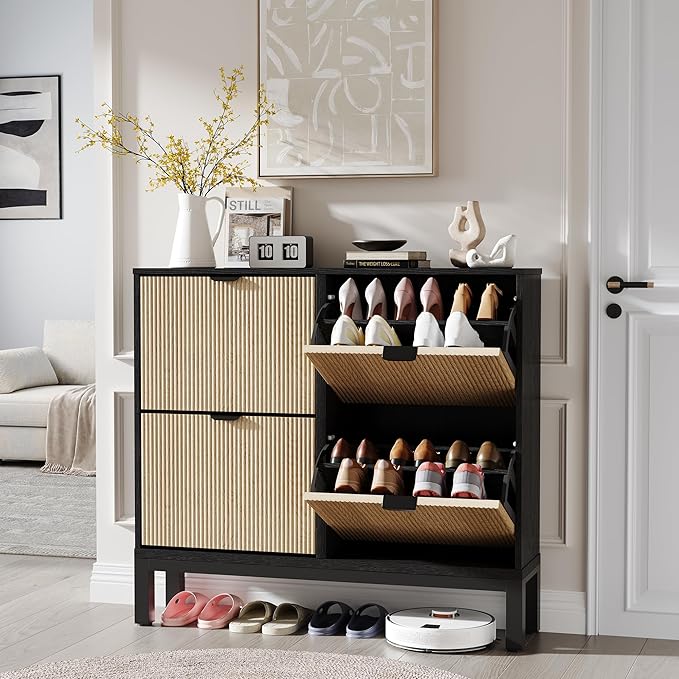 GarveeHome Shoe Storage Cabinet with 4 Flip Drawers, Farmhouse Fluted Shoe Organizer with Metal Legs, Freestanding Hidden Slim Narrow Shoe Rack for Entryway, Foyer, Hallway