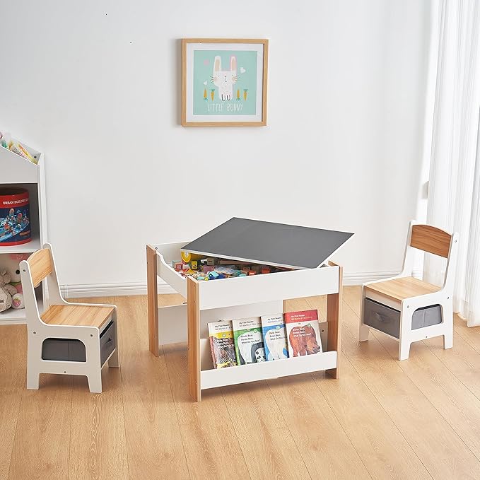 Asweets Kids Table and Chair Set,4 in 1 Toddler Desk with Storage Drawer,Wooden Activity Table for 2 in 1 Detachable Tabletop,Bookshelf,Suitable for Classroom,Home,Nursery,Playroom (Natural White)