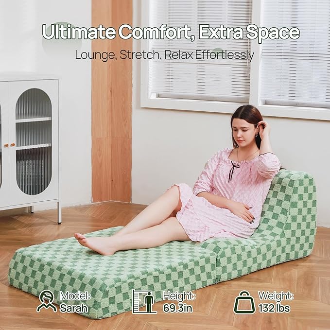 Bean Bag Chair with Checkerboard Shaker Fleece Fabric, Folding Sofa Bed, Floor Sleeper Lounge Chair, Lazy Sofa for Living Room, Bedroom, Apartments (Mint Green)