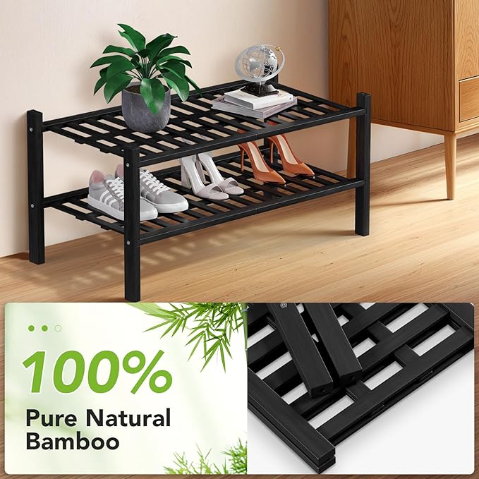 Haddockway 2 Tier Bamboo Shoe Rack Storage Organizer, Multifunctional Free Standing Stackable Shoe Shelf with Grid Panel for Closet,Hallway,Entryway,Small Space 27"x11"x13" (Black, 2 Tier)