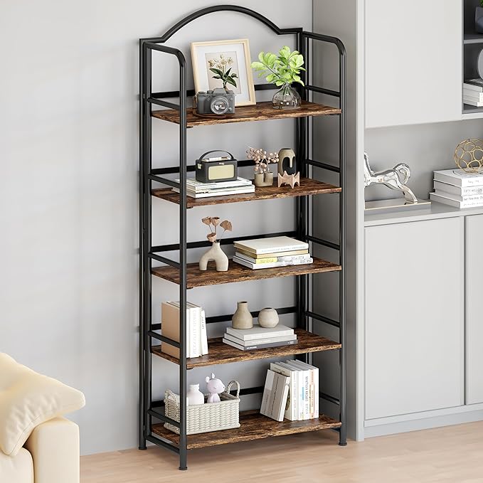 No-Assembly Folding Bookshelf Storage Shelves 5 Tiers Vintage Multifunctional Plant Flower Stand Storage Rack Shelves Bookcase for Home Office
