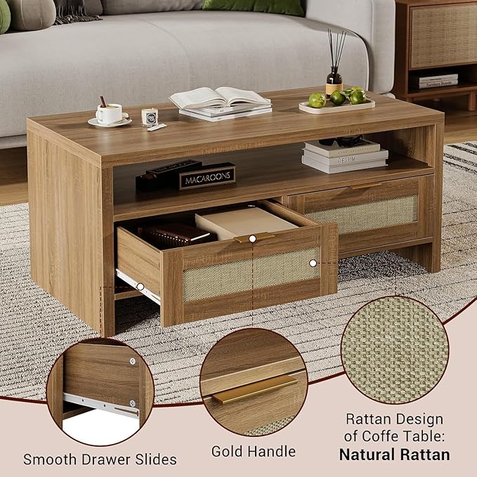 2 Tiers Boho Coffee Table with Storage,40” Mid Century Rattan Console Table with Drawers and Open Shelf, Wooden Center Coffee Table for Living Room/Apartment/Farmhouse/Bedroom/Small Place(Oak)