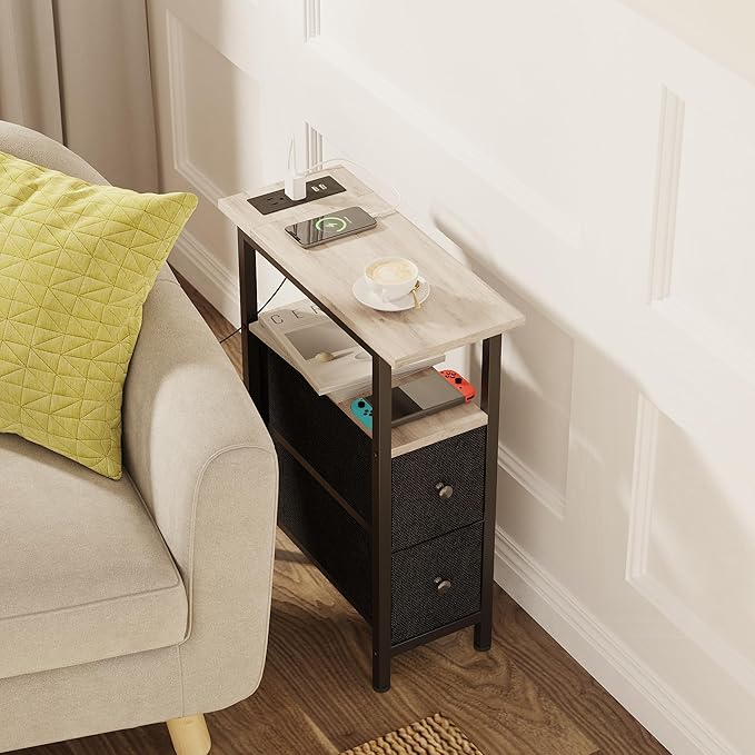 End Table Set 2 with Charging Station, Narrow Side Table with 2 Fabric Drawers, Skinny Nightstand with LED Light, Slim Bedside Table for Bedroom, Living Room, Small Spaces, Greige and Black