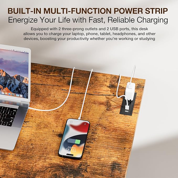 TEMI Small Computer Desk Folding Table - No Assembly, Compact 44.3" Foldable Desk with Power Outlets & USB Charging Port, Portable Small Office Desk, Ideal Mini Study Table for Narrow Spaces, Brown