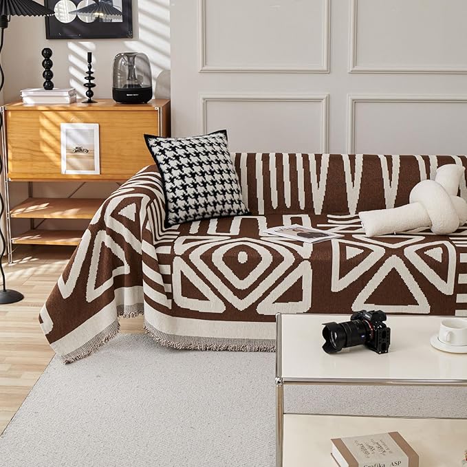HANDONTIME Chocolate Boho Couch Cover Reversible Sofa Covers for 3 Cushion Couch Washable Couch Sofa Cover for Dogs Dark Couches Covers Chenille Sofa Protector Couch Covers for Sofa, 91" X118"