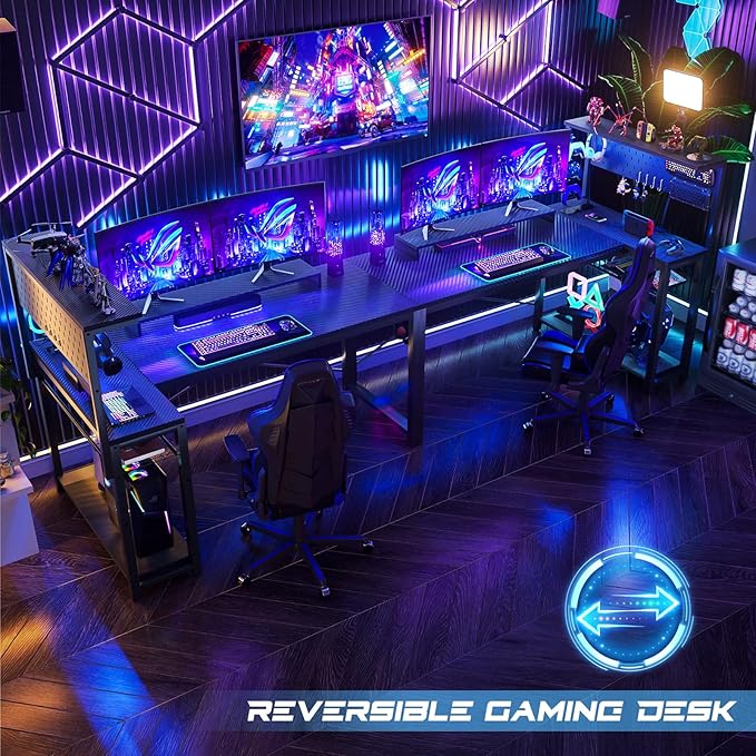 Homieasy Small Gaming Desk with Power Outlets Pegboard LED Light, 51 Inch L Shaped Computer Desk with Monitor Stand Storage Shelves, Reversible Corner Desk with Headset Hooks, Carbon Fiber Black