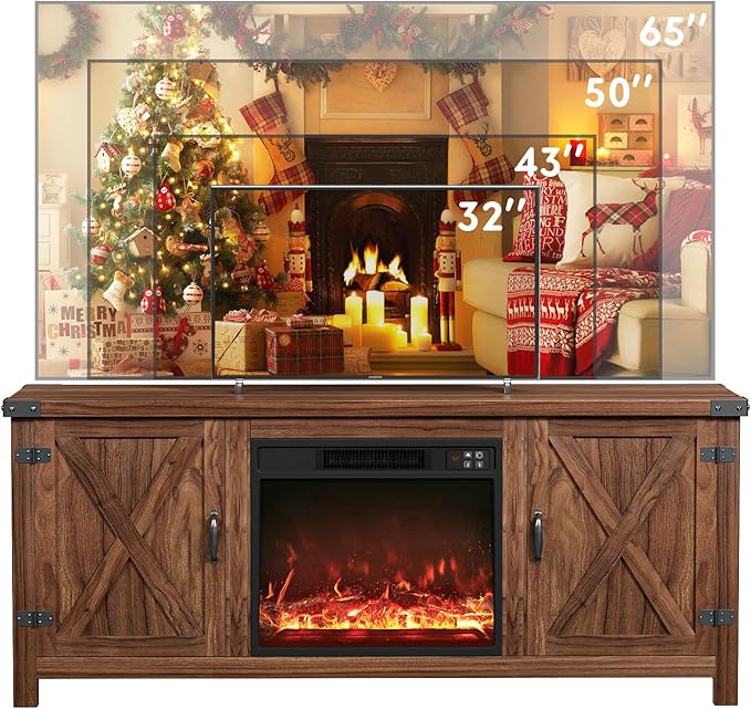 YESHOMY Fireplace TV Stand with Two Barn Doors and Storage Cabinets for Televisions up to 65+ Inch, Entertainment Center Console Table, Media Furniture for Living Room, 58 Inch, Walnut
