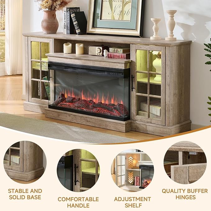 ROCKPOINT 3 Sided Glass 80" Fireplace TV Stand for TVs up to 90", Media Entertainment Center with Glass Door Storage Cabinet for Living Room,36" Electric Fireplace & Adjustable LED Light,Grey