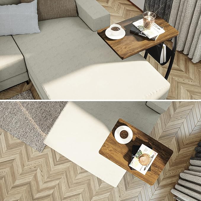 SRIWATANA Side Table End Table, Vintage C Shaped Couch Table with Side Pocket for Sofa Laptop Coffee Snack, Walnut