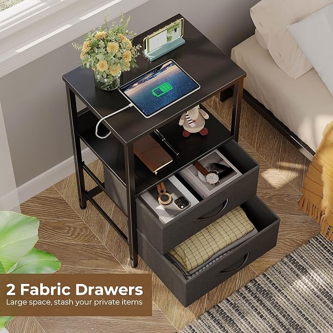 Seventable Nightstand Set of 2 with Charging Station, Bedside Table with LED Lights, Night Stand with 2 Fabric Drawers, 3-Tier Storage End Table for Bedroom, Black