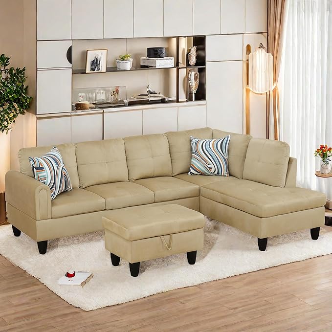 L Shaped Sectional Sofa with Ottoman, Modern Couches for Living Room, Microfiber Facing, Bedroom, Office