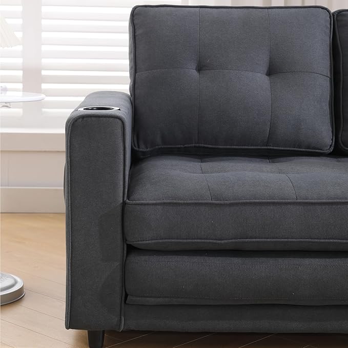 ERYE 3 Fold Tufted Upholstered Futon Sofa Bed Modern Convertible Foldable Floor Loveseat Sofabed with Pull Out Sleeper Couch Daybed W/Cupholders and Pockets for Living Room