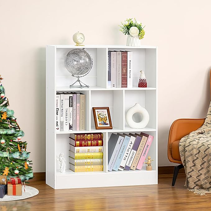 YAHARBO White 7 Cube Bookshelf,3 Tier Modern Horizontal Bookcase,Wooden Low Book Shelf Display Storage Cabinet with Base,Floor Standing Short Bookshelves Open Organizer for Bedroom,Living Room,Office