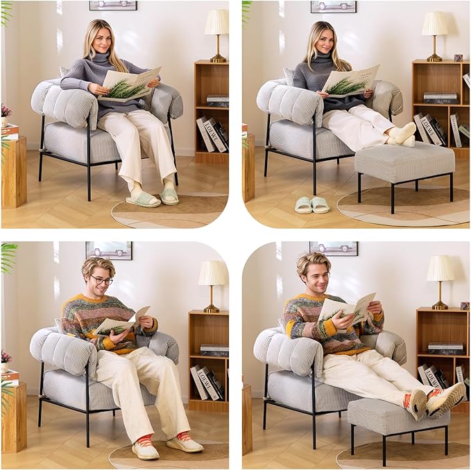 HollyHOME Modern Velvet Accent Chair, Upholstered Comfy Reading Chair, Fabric Large Lazy Arm Chair with Soft Cushion, Metal Frame Lounge Sofa Chair for Living Room, Bedroom, Balcony, Grey