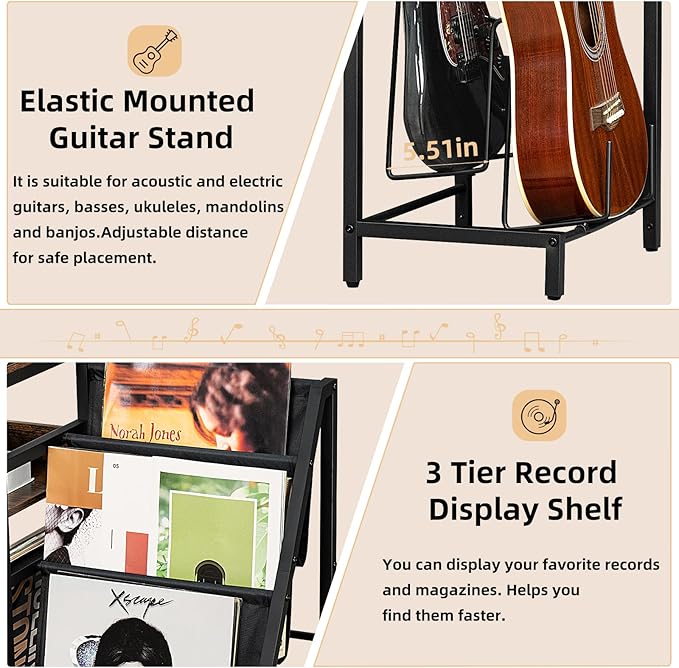 LELELINKY Record Player Stand, Black Adjustable Guitar Stand for Acoustic Guitar, Electric Guitar, Bass, Turntable Stand with Vinyl Display Shelf Storage Up to 150 Albums, End Table for Music Room