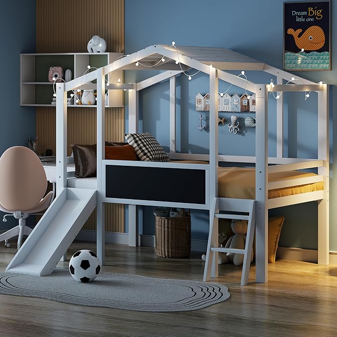 Ball & Cast Twin Size House Loft Bed with Ladder and Slide,Wood Bunkbed w/Blackboard and Light Strip on The Roof,Slat Support,Space Saving,Bedroom Furniture for Student Dorms,White