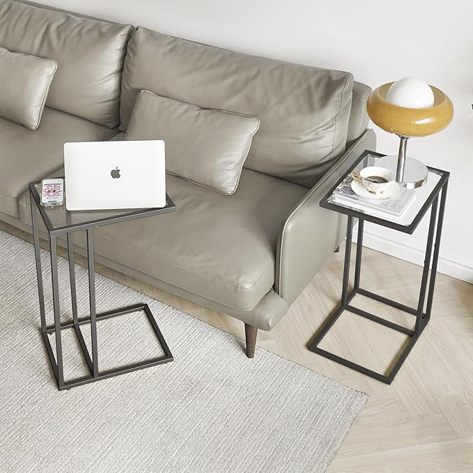 YMYNY C-Shaped End Table, Tempered Glass Sofa Side Table, nightstand for Small Place,Coffee Table for Hallway Office Bedroom Living Room, Metal Frame, Black, 24.8 * 15.75 * 11.8" UHGD001B