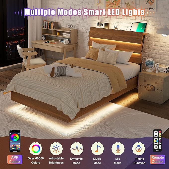 Feonase Floating Bed Frame Twin with Led Lights and Charging Station, Wood Full Size Bed Frame with Storage Headboard, Heavy Duty Metal Slats, No Box Spring Needed, Easy Assembly,Walnut