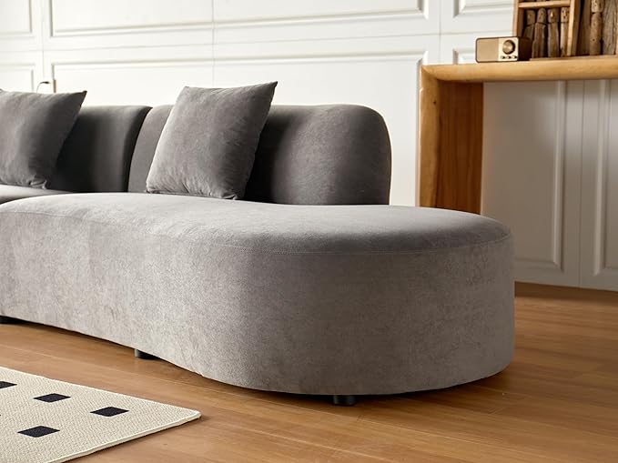 Container Furniture Direct 132" Curved Sofa with Throw Pillows, 6 Seater Luxury Velvet Couch with Half Moon Design and High-Density Foam, Ideal for Modern Living Room, Office & Apartment, Grey