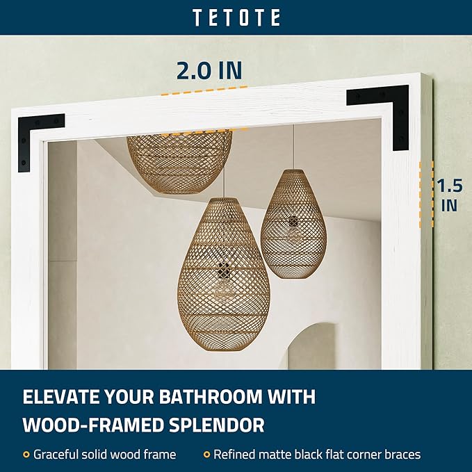 TETOTE 40 x 30 White Wood Framed Mirror for Bathroom Wall/Bedroom/Living Room/Entryway Farmhouse Rustic Bathroom Vanity Mirror Waterproof (Horizontal/Vertical Mounted)