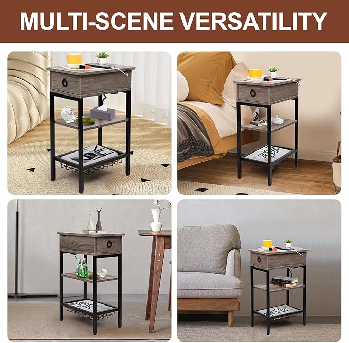 Small Gray Side Table Charging Station for Bedroom, Narrow Grey Living Room End Tables with Storage, Skinny USB Nightstand with Outlet, Gaming Coffee Table for Couch with USB Ports