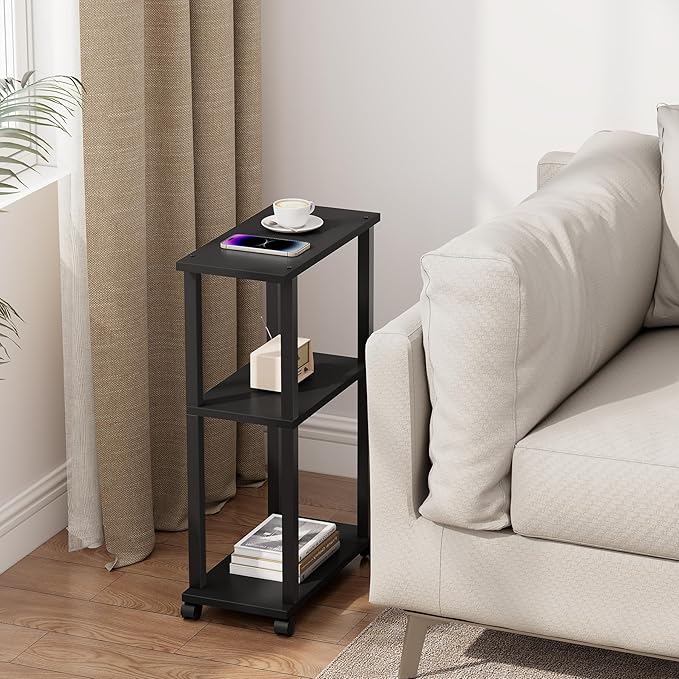 TUTOTAK Small Side Table, Narrow End Table, Bedside Table, Couch Side Table with Wheels for Living Room or Bedroom, Black TB01BK061