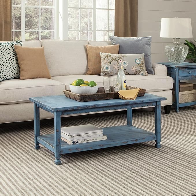Rustic Rectangular Coffee Table, 42 in. W x 24 in. D x 18 in. H, Living Room Blue Antique, W/ (1) 36 in. W x 18 in. D x 10 in. H Shelf, Farmhouse/Cottage Style, Select Hardwood/Construction