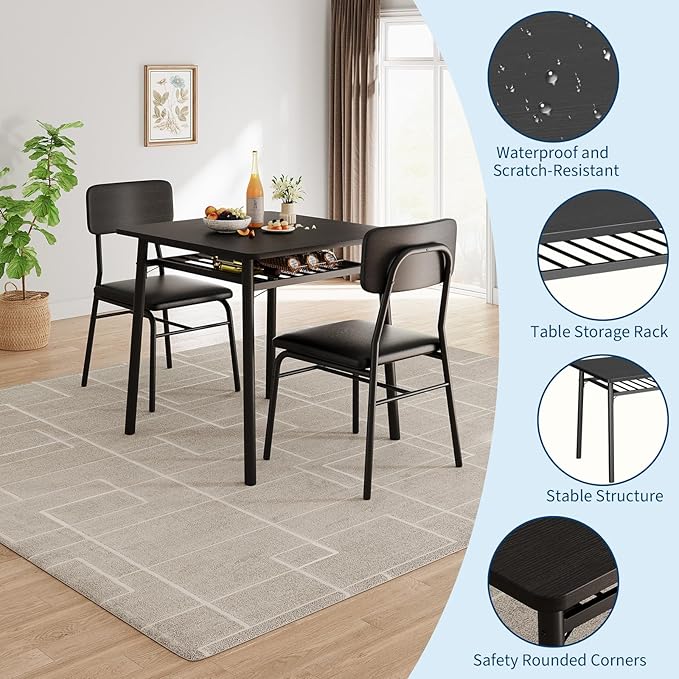 3-Piece Dining Table Set for 2, Wood Kitchen Table Set with Built-in Storage Rack,Small Kitchen Table with Upholstered Chairs and Metal Frame for Small Spaces，Black Wood Grain Color