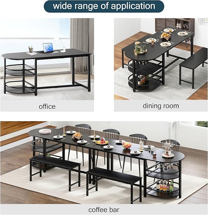soges Dining Table for 4-6 Person, 71 inch Long Kitchen Dining Table for Living Room and Dining Room, Dinner Table with Storage Shelf & Cup Holder, Metal Legs(Only Table), Black